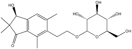 (S)-6-[2-(β-D-グルコピラノシルオキシ)エチル]-2,3-ジヒドロ-3-ヒドロキシ-2,2,5,7-テトラメチル-1H-インデン-1-オン 化学構造式