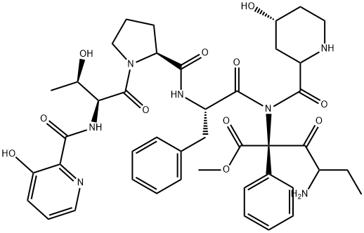 Glycine, N-[(3-hydroxy-2-pyridinyl)carbonyl]-L-threonyl-D-alpha-aminob utyryl-L-prolyl-L-phenylalanyl-cis-4-hydroxy-L-pipecoloyl-L-2-phenyl-,  methyl ester Struktur