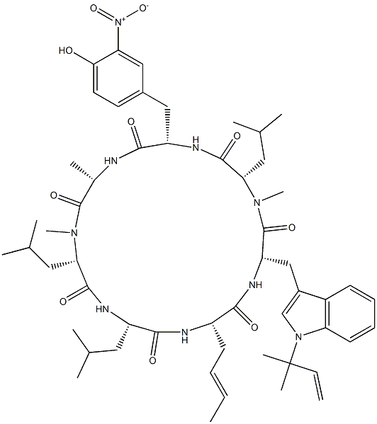 Cyclo[L-Ala-N-methyl-L-Leu-L-Leu-3-[(E)-1-propenyl]-L-Ala-1-(1,1-dimethyl-2-propenyl)-L-Trp-N-methyl-L-Leu-3-nitro-L-Tyr-] Structure