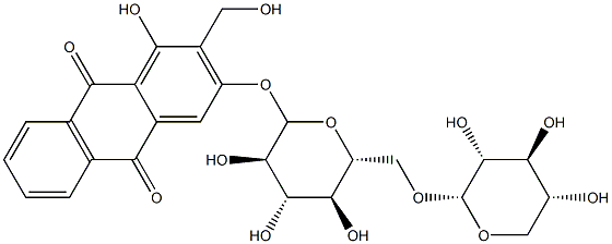 1-ヒドロキシ-2-(ヒドロキシメチル)-3-[(6-O-β-D-キシロピラノシル-α-D-グルコピラノシル)オキシ]-9,10-アントラセンジオン 化学構造式