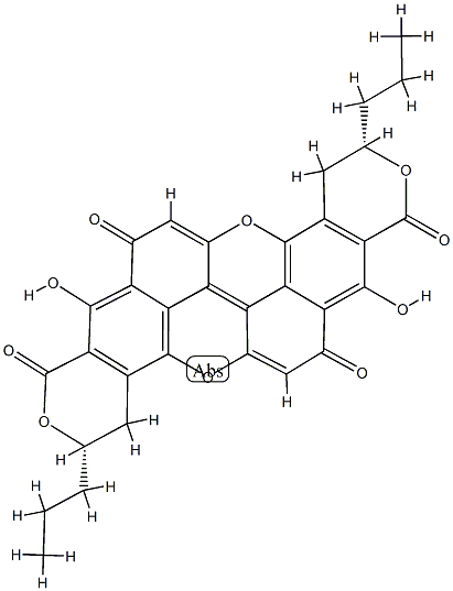 (3S,11S)-3,4,11,12-テトラヒドロ-8,16-ジヒドロキシ-3,11-ジプロピル-1H,7H-ジピラノ[4,3-a:4',3'-j]-peri-キサンテノキサンテン-1,7,9,15-テトラオン 化学構造式