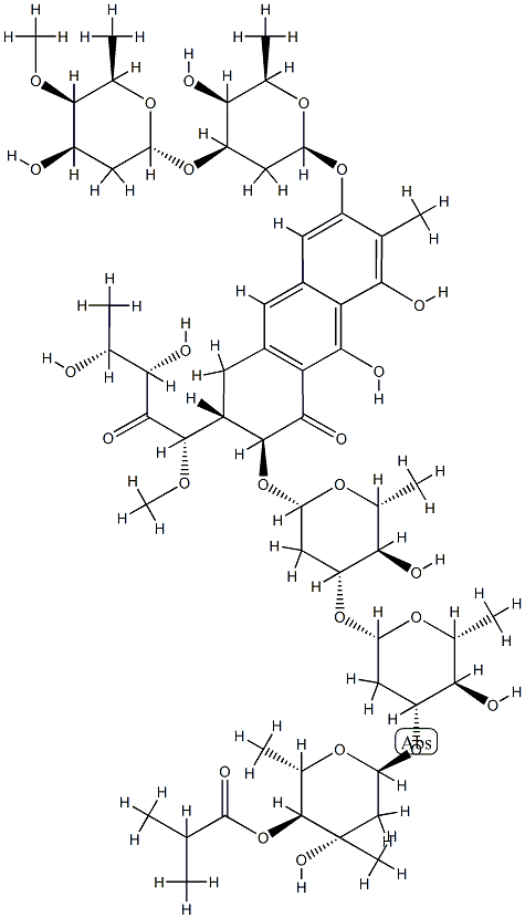 4''''-O-Deacetyl-3'''-O-[3-C-methyl-4-O-(2-methyl-1-oxopropyl)-2,6-dideoxy-α-L-arabino-hexopyranosyl]-7-methylolivomycin D Struktur