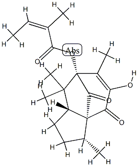 (Z)-2-メチル-2-ブテン酸[(3R)-2,3,8,8aα-テトラヒドロ-5-ヒドロキシ-3,6,8,8-テトラメチル-4,9-ジオキソ-3aβ,7-メタノ-1H-アズレン-7α(4H)-イル] 化学構造式