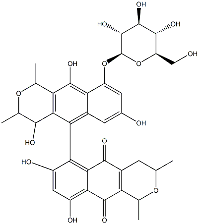 6-[9-(β-D-Glucopyranosyloxy)-3,4-dihydro-4,7,10-trihydroxy-1,3-dimethyl-1H-naphtho[2,3-c]pyran-5-yl]-3,4-dihydro-7,9-dihydroxy-1,3-dimethyl-1H-naphtho[2,3-c]pyran-5,10-dione,38322-02-0,结构式