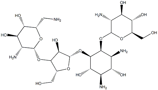 4-O-(2-Amino-2-deoxy-α-D-glucopyranosyl)-5-O-[3-O-(2,6-diamino-2,6-dideoxy-β-L-idopyranosyl)-β-D-ribofuranosyl]-D-streptamine 结构式
