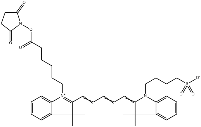 4-(2-(5-(1-(6-((2,5-二氧代吡咯烷-1-基)氧基)-6-氧代己基)-3,3-二甲基-3H-吲哚-1-鎓-2-基)戊-2,4-二烯-1-亚基)-3,3-二甲基吲哚啉-1-基)丁-1-磺酸内盐, 400051-84-5, 结构式