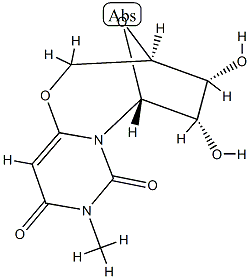 (3R)-3,4,5,6-テトラヒドロ-4α,5α-ジヒドロキシ-9-メチル-3β,6β-エポキシ-2H,8H-ピリミド[6,1-b][1,3]オキサゾシン-8,10(9H)-ジオン 化学構造式