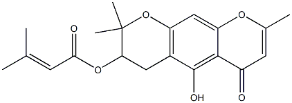 (-)-3-メチル-2-ブテン酸3,4-ジヒドロ-5-ヒドロキシ-2,2,8-トリメチル-6-オキソ-2H,6H-ベンゾ[1,2-b:5,4-b']ジピラン-3-イル 化学構造式