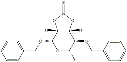 Benzyl 4-O-benzyl-6-deoxy-β-L-mannopyranoside 2-O,3-O-thiocarbonic acid Struktur