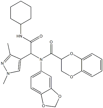 1H-Pyrazole-4-acetamide,alpha-[1,3-benzodioxol-5-yl[(2,3-dihydro-1,4-benzodioxin-2-yl)carbonyl]amino]-N-cyclohexyl-1,3-dimethyl-(9CI) Structure