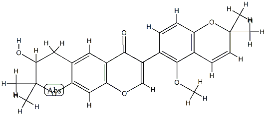 (-)-3,4-ジヒドロ-3-ヒドロキシ-7-(5-メトキシ-2,2-ジメチル-2H-1-ベンゾピラン-6-イル)-2,2-ジメチル-2H,6H-ベンゾ[1,2-b:5,4-b']ジピラン-6-オン 化学構造式