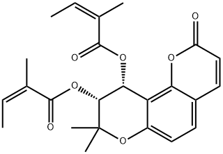 (9R)-2-オキソ-8,8-ジメチル-9,10-ジヒドロ-2H,8H-ベンゾ[1,2-b:3,4-b']ジピラン-9α,10α-ジオール9,10-ビス[(Z)-2-メチル-2-ブテノアート] 化学構造式