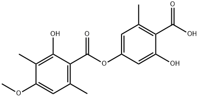 2-ヒドロキシ-4-メトキシ-3,6-ジメチル安息香酸4-カルボキシ-3-ヒドロキシ-5-メチルフェニル 化学構造式