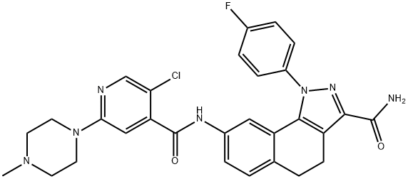 1-(4-フルオロフェニル)-8-[[2-(4-メチルピペラジノ)-5-クロロ-4-ピリジル]カルボニルアミノ]-4,5-ジヒドロ-1H-ベンゾ[g]インダゾール-3-カルボアミド 化学構造式