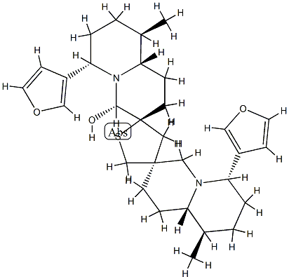 (3S,4'S)-6α,6''α-Di(3-furanyl)-1,6,7,8,9,9aβ,1'',6'',7'',8'',9'',9''aβ-dodecahydro-4α-hydroxy-9β,9''β-dimethyldispiro[2H-quinolizine-3(4H),2'(3'H)-thiophene-4'(5'H),3''(4''H)-[2H]quinolizine] Struktur