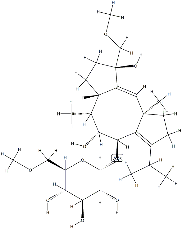 [(4R)-1,2,4,5,6,6aβ,7,8,9,10a-Decahydro5α,9β-dihydroxy-9-(methoxymethyl)-6α,10aα-dimethyl-3-isopropyldicyclopenta[a,d]cycloocten-4β-yl]6-O-methyl-α-D-glucopyranoside Struktur