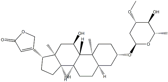 3β-[(3-O-メチル-2,6-ジデオキシ-α-L-arabino-ヘキソピラノシル)オキシ]-11α,14-ジヒドロキシ-5β-カルダ-20(22)-エノリド 化学構造式