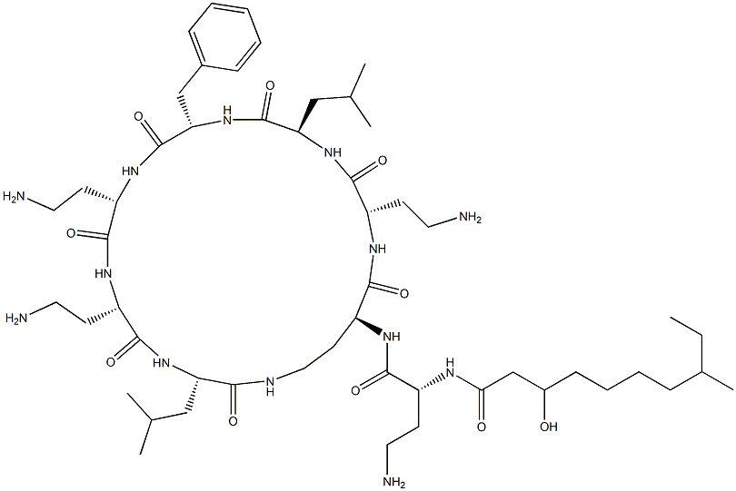 N2-[N2-(3-Hydroxy-8-methyl-1-oxodecyl)-D-DAB-]cyclo[L-DAB*-L-DAB-D-Leu-L-Phe-L-DAB-L-DAB-L-Leu-] Structure