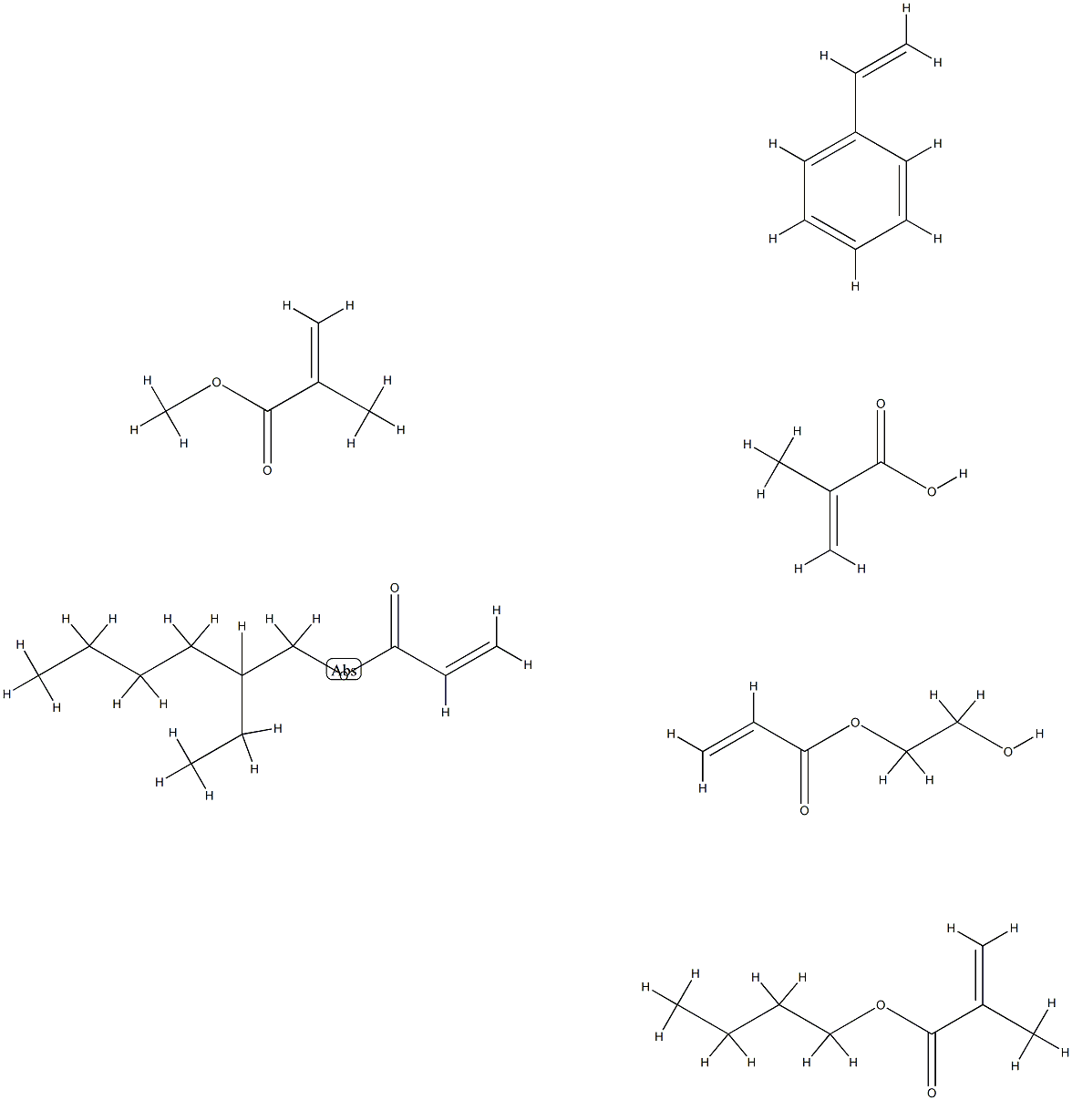 2-Propenoic acid, 2-methyl-, polymer with butyl 2-methyl-2-propenoate, ethenylbenzene, 2-ethylhexyl 2-propenoate, 2-hydroxyethyl 2-propenoate and methyl 2-methyl-2-propenoate Struktur