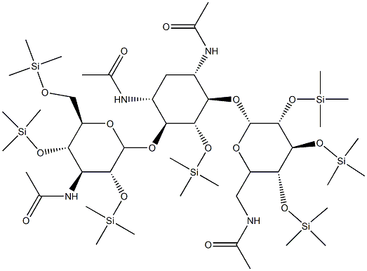 N-(5-(Acetylamino)-2-([3-(acetylamino)-3-deoxy-2,4,6-tris-O-(trimethyl silyl)hexopyranosyl]oxy)-4-([6-(acetylamino)-6-deoxy-2,3,4-tris-O-(tri methylsilyl)hexopyranosyl]oxy)-3-[(trimethylsilyl)oxy]cycloh Struktur