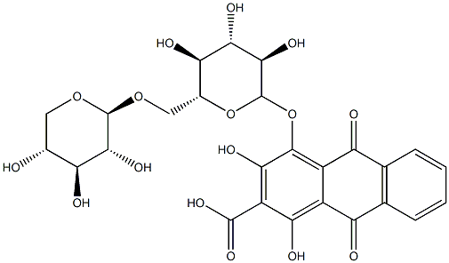 4-(6-O-β-D-キシロピラノシル-β-D-グルコピラノシルオキシ)-9,10-ジヒドロ-1,3-ジヒドロキシ-9,10-ジオキソアントラセン-2-カルボン酸 化学構造式