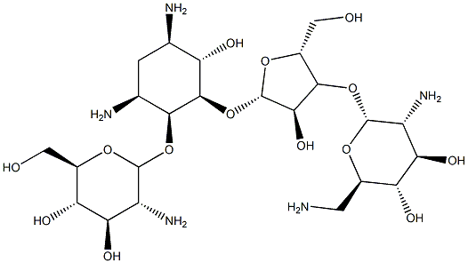 4-O-(2-アミノ-2-デオキシ-α-D-グルコピラノシル)-5-O-[3-O-(2,6-ジアミノ-2,6-ジデオキシ-α-D-グルコピラノシル)-β-D-リボフラノシル]-2-デオキシ-D-ストレプタミン 化学構造式