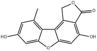 4,8-ジヒドロキシ-10-メチルイソベンゾフロ[5,4-b]ベンゾフラン-3(1H)-オン 化学構造式