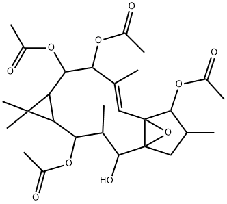 4a,7a-Epoxy-5H-cyclopenta[a]cyclopropa[f]cycloundecene-2,4,7,10,11-pen tol, 1,1a,2,3,4,6,7,10,11,11a-decahydro-1,1,3,6,9-pentamethyl-, 2,7,10 ,11-tetraacetate Struktur