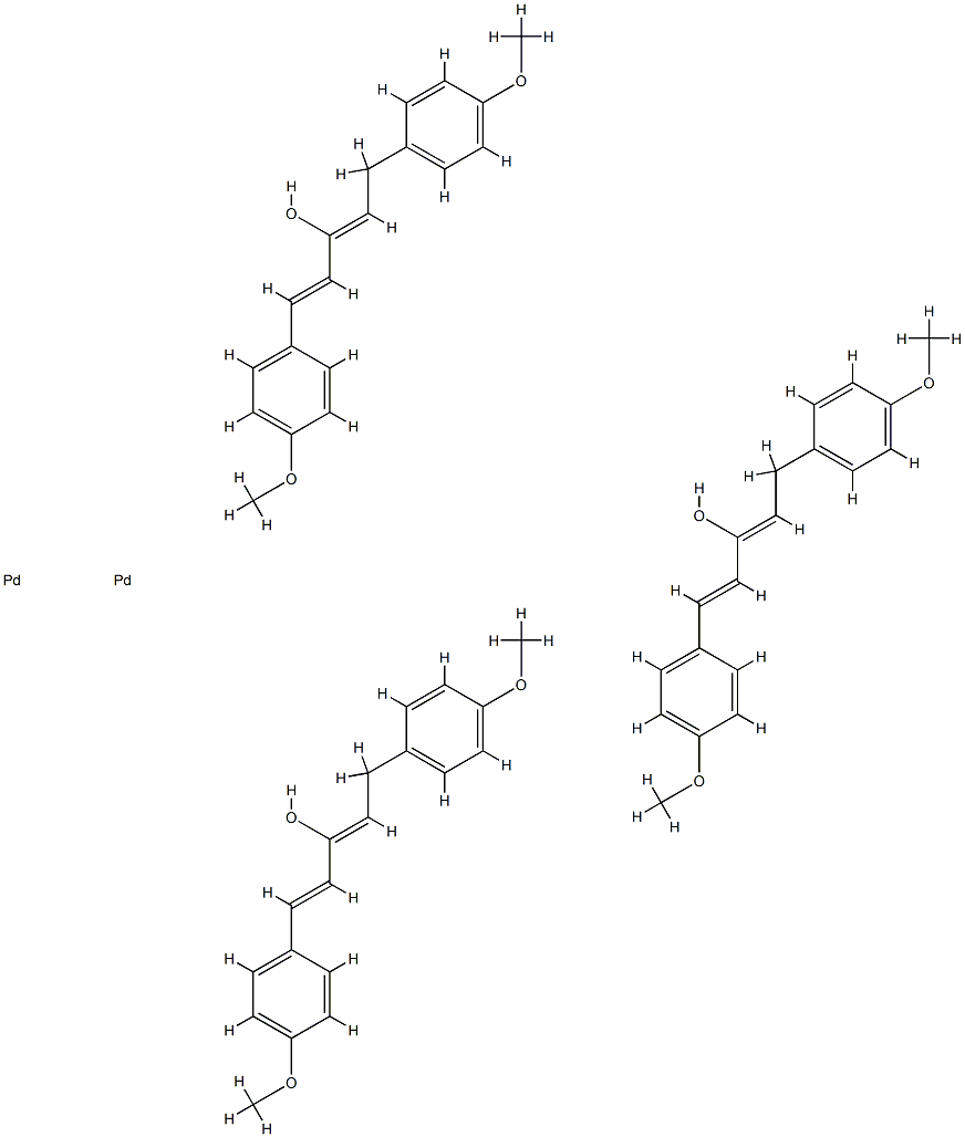 トリス[Μ-[(1,2-Η:4,5-Η)-(1E,4E)-1,5-ビス(4-メトキシフェニル)-1,4-ペンタジエン-3-オン]]ジパラジウム 化学構造式