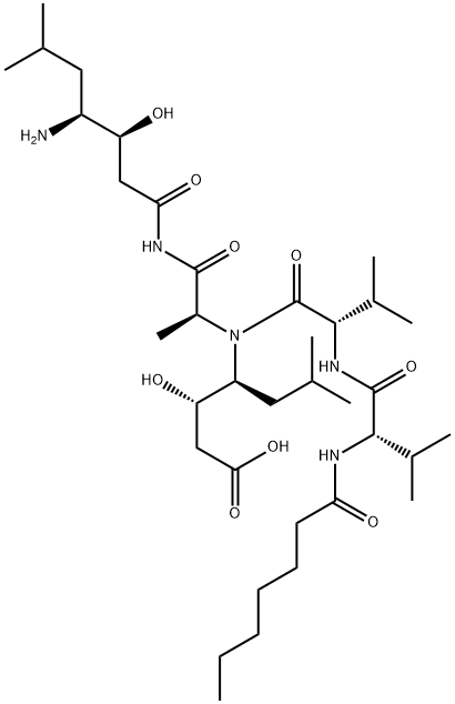 (3S,4S)-4-[[[(3S,4S)-4-[[N-(1-オキソヘプチル)-L-Val-L-Val-]アミノ]-3-ヒドロキシ-6-メチルヘプタノイル]-L-Ala-]アミノ]-3-ヒドロキシ-6-メチルヘプタン酸 化学構造式