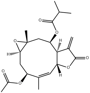 2-メチルプロパン酸[1aR,3S,4Z,5aR,8aR,9R,10aR,(-)]-3-アセチルオキシ-1aβ,2,3,5aα,7,8,8aβ,9,10,10a-デカヒドロ-4,10aα-ジメチル-8-メチレン-7-オキソオキシレノ[5,6]シクロデカ[1,2-b]フラン-9-イル 化学構造式