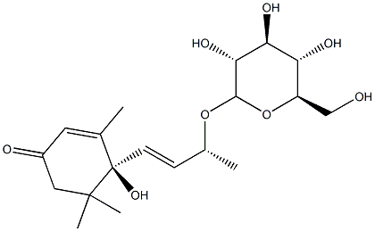 (4S)-3,5,5-トリメチル-4-[(1E,3R)-3-(β-D-グルコピラノシルオキシ)-1-ブテニル]-4-ヒドロキシ-2-シクロヘキセン-1-オン 化学構造式