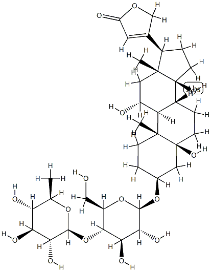 3β-[[4-O-(6-デオキシ-β-D-グルコピラノシル)-β-D-グルコピラノシル]オキシ]-5,11α,14-トリヒドロキシ-5β,14β-カルダ-20(22)-エノリド 化学構造式