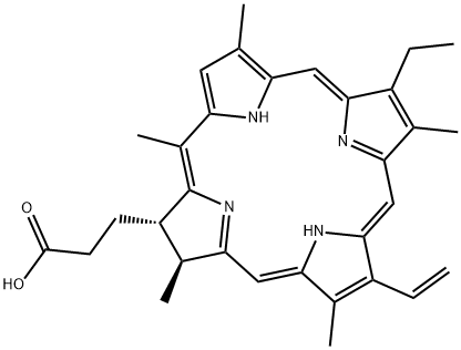 (2S)-8-Vinyl-13-ethyl-2,3-dihydro-3α,7,12,17,20-pentamethyl-21H,23H-porphyrin-2-propionic acid Structure