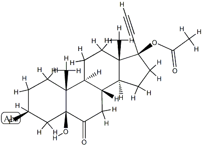 (17R)-17-(アセチルオキシ)-3β-フルオロ-5-ヒドロキシ-5β-プレグナ-20-イン-6-オン 化学構造式