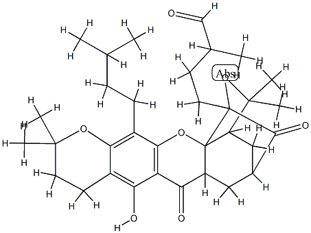 3a,4,5,6,6a,7,9,10-Octahydro-8-hydroxy-α,3,3,11,11-pentamethyl-13-(3-methylbutyl)-7,15-dioxo-1,5-methano-3H,11H-furo[3,4-g]pyrano[3,2-b]xanthene-1-butanal Struktur