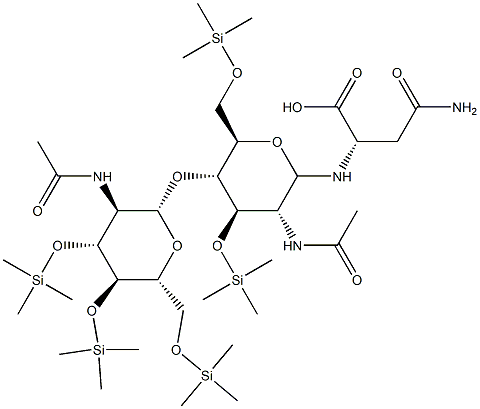 N2-[2-Acetylamino-4-O-[2-acetylamino-3-O,4-O,6-O-tris(trimethylsilyl)-2-deoxy-β-D-glucopyranosyl]-3-O,6-O-bis(trimethylsilyl)-2-deoxy-β-D-glucopyranosyl]-L-asparagine Struktur