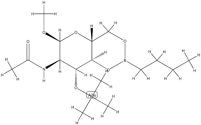 メチル2-(アセチルアミノ)-4-O,6-O-(ブチルボランジイル)-3-O-(トリメチルシリル)-2-デオキシ-α-D-グルコピラノシド 化学構造式