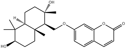 (+)-7-[[(1S,4aα)-Decahydro-2,5,5,8aβ-tetramethyl-2α,6β-dihydroxynaphthalene-1β-yl]methoxy]-2H-1-benzopyran-2-one Structure