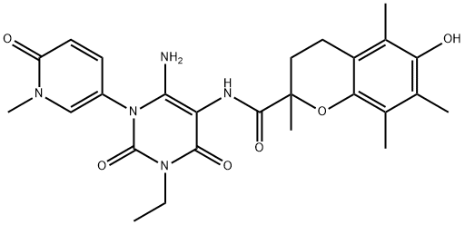 2H-1-Benzopyran-2-carboxamide,  N-[6-amino-1-(1,6-dihydro-1-methyl-6-oxo-3-pyridinyl)-3-ethyl-1,2,3,4-tetrahydro-2,4-dioxo-5-pyrimidinyl]-3,4-dihydro-6- Structure
