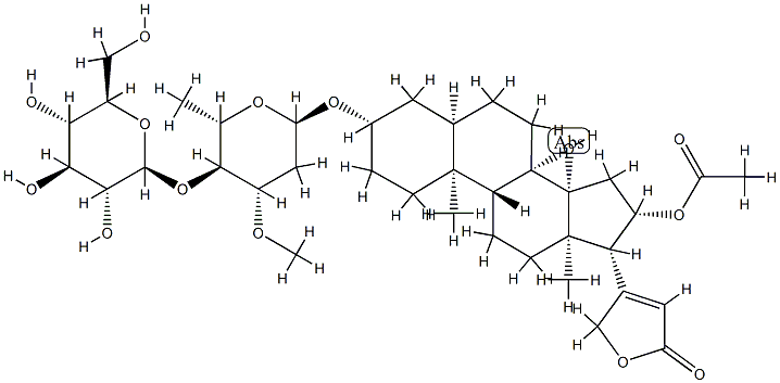 16β-(Acetyloxy)-3β-[(4-O-β-D-glucopyranosyl-3-O-methyl-2,6-dideoxy-α-L-arabino-hexopyranosyl)oxy]-14-hydroxy-5β-card-20(22)-enolide 结构式