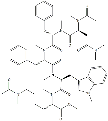 N2-Acetyl-N2,N4,N4-trimethyl-L-Asn-N-methyl-L-Phe-N-methyl-L-Phe-N,1-dimethyl-L-Trp-N6-acetyl-N2,N6-dimethyl-L-Lys-OMe Structure