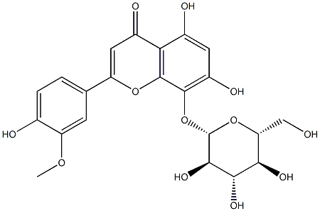 8-(β-D-グルコピラノシルオキシ)-4',5,7-トリヒドロキシ-3'-メトキシフラボン 化学構造式