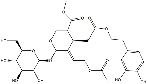 (2S)-3-[(E)-2-アセトキシエチリデン]-2-(β-D-グルコピラノシルオキシ)-3,4-ジヒドロ-5-メトキシカルボニル-2H-ピラン-4α-酢酸2-(3,4-ジヒドロキシフェニル)エチル 化学構造式