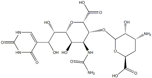 4-Carbamoylamino-3-O-(3-amino-3,4-dideoxy-β-D-xylo-hexopyranuronosyl)-2,6-anhydro-8-(1,2,3,4-tetrahydro-2,4-dioxopyrimidin-5-yl)-4-deoxy-L-erythro-L-gluco-octonic acid Struktur