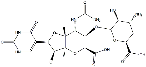 5-Carbamoylamino-6-O-(3-amino-3,4-dideoxy-β-D-xylo-hexopyranuronosyl)-3,7-anhydro-1,5-dideoxy-1-(1,2,3,4-tetrahydro-2,4-dioxopyrimidin-5-yl)-α-D-threo-D-allo-octofuranuronic acid Struktur