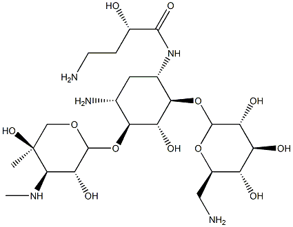 4-O-(6-Amino-6-deoxy-α-D-glucopyranosyl)-6-O-[3-deoxy-4-C-methyl-3-(methylamino)-β-L-arabinopyranosyl]-N'-[(S)-4-amino-2-hydroxy-1-oxobutyl]-2-deoxy-D-streptamine Struktur