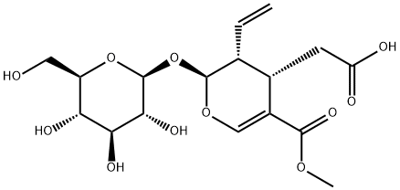 (2S)-3α-エテニル-2β-(β-D-グルコピラノシルオキシ)-3,4-ジヒドロ-5-(メトキシカルボニル)-2H-ピラン-4α-酢酸 化学構造式