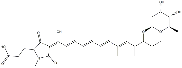 4-[11-[(2,6-ジデオキシ-β-D-ribo-ヘキソピラノシル)オキシ]-1-オキソ-8,10,12-トリメチル-2,4,6,8-トリデカテトラエニル]-2,5-ジヒドロ-3-ヒドロキシ-1-メチル-5-オキソ-1H-ピロール-2-プロピオン酸 化学構造式