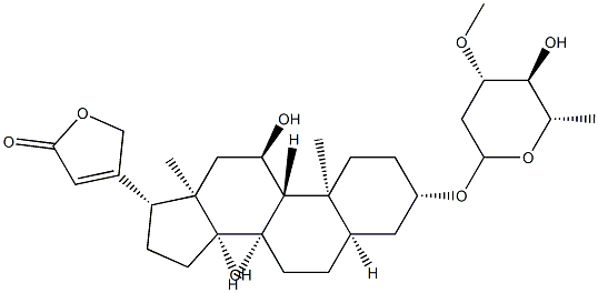 3β-[(3-O-メチル-2,6-ジデオキシ-L-arabino-ヘキソピラノシル)オキシ]-11α,14-ジヒドロキシ-5β-カルダ-20(22)-エノリド 化学構造式